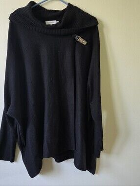 Calvin Klein Black Cowl Neck Sweater Poncho with Gold Buckle Accent (Size L/XL)